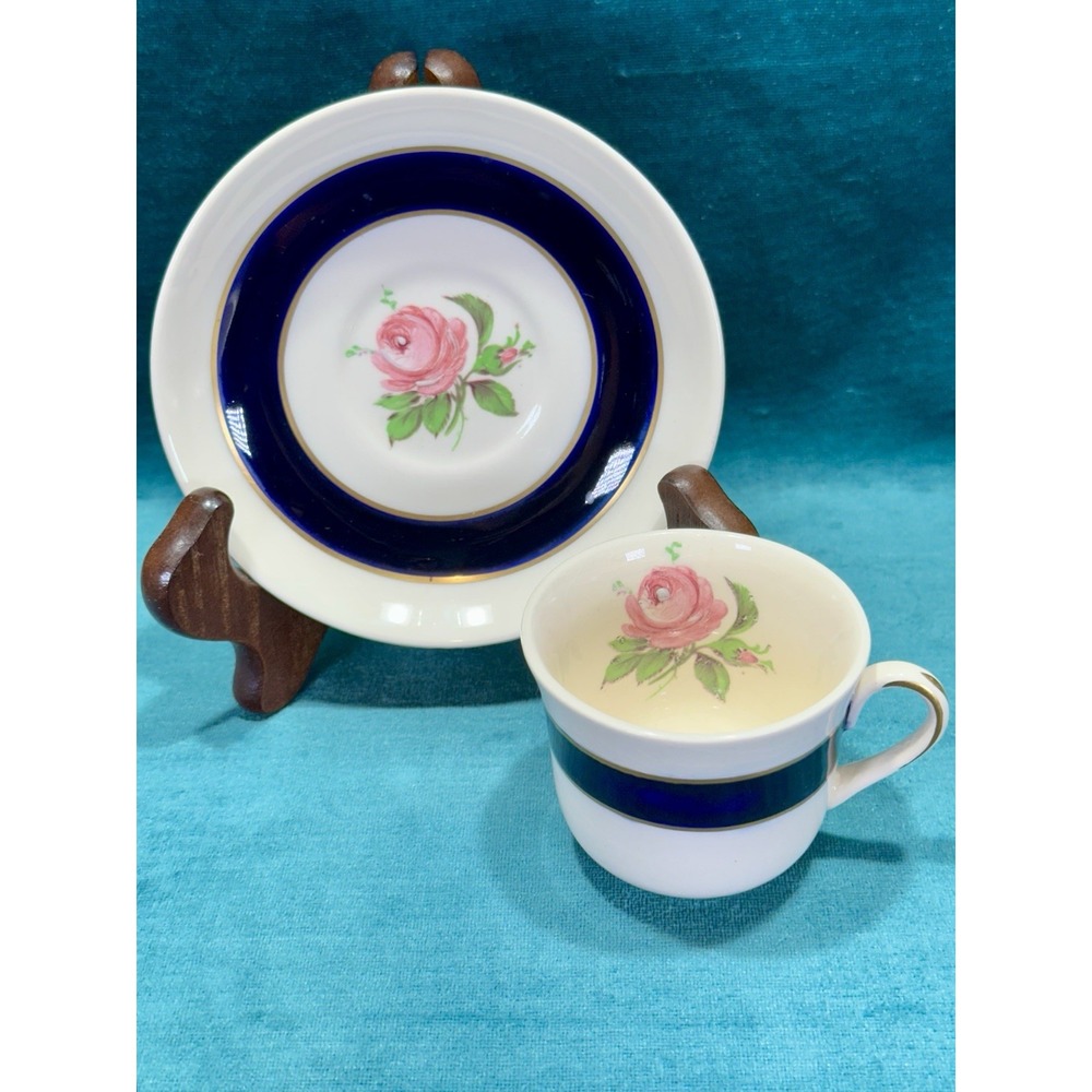 VTG Fondeville Ambassador Ware England Rose Cobalt Gold Rim Demitasse Cup Saucer
